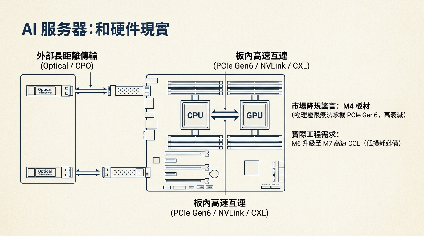AI 伺服器架構與訊號路徑對比圖