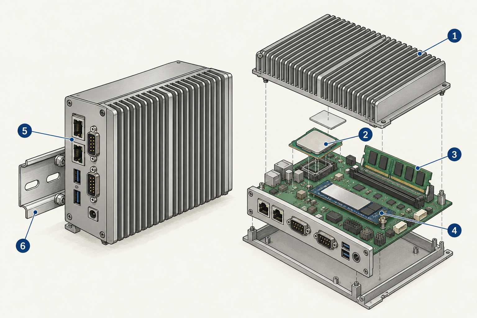 無風扇工業電腦與主機板拆解。CPU、記憶體、SSD 分別位於對應介面,規格與固定方式依機型而異。