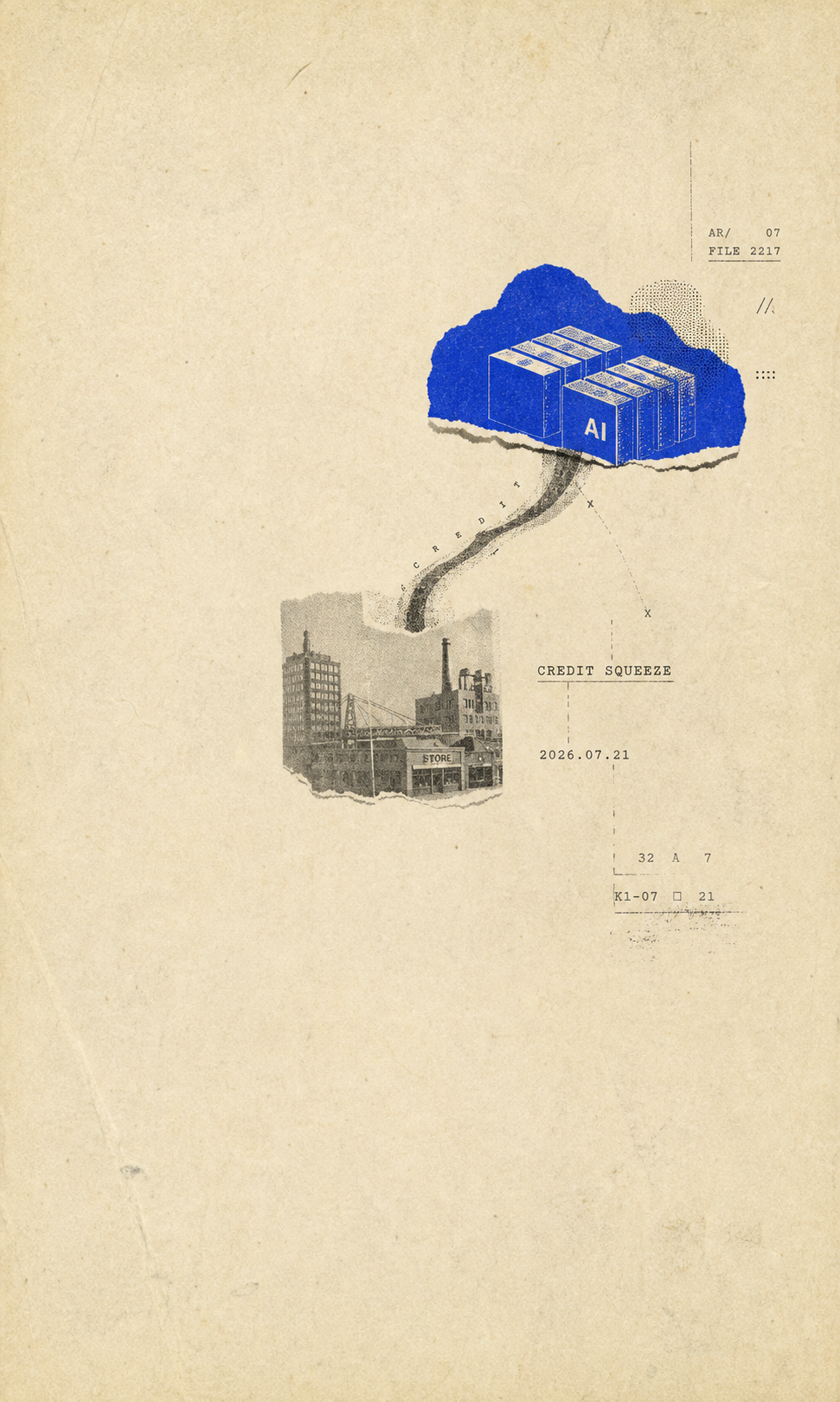 極簡 zine 海報：AI 巨頭融資虹吸與信貸擠壓